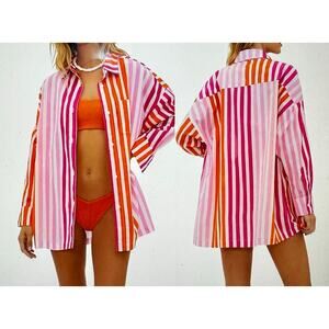 Beach Riot Swim Cover Up Shirt Womens L/XL Alexa Orange Sunset Stripe Resort